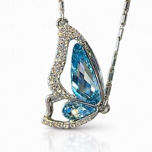 Blue & Silver Crystal Butterfly Wing Necklace
